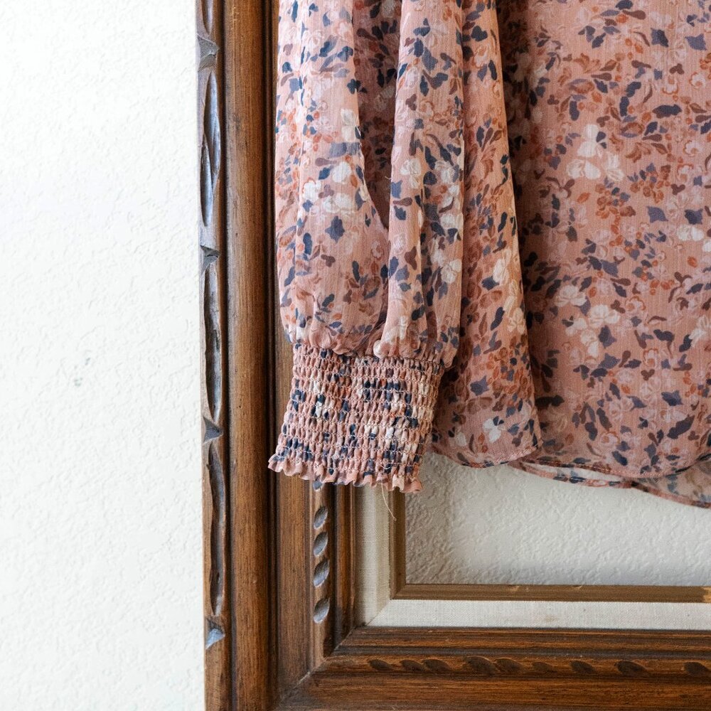 Antonio Melani Womens Blouse Size Large Brown Floral Long Sleeve Smocked Ruffles - Picture 5 of 8